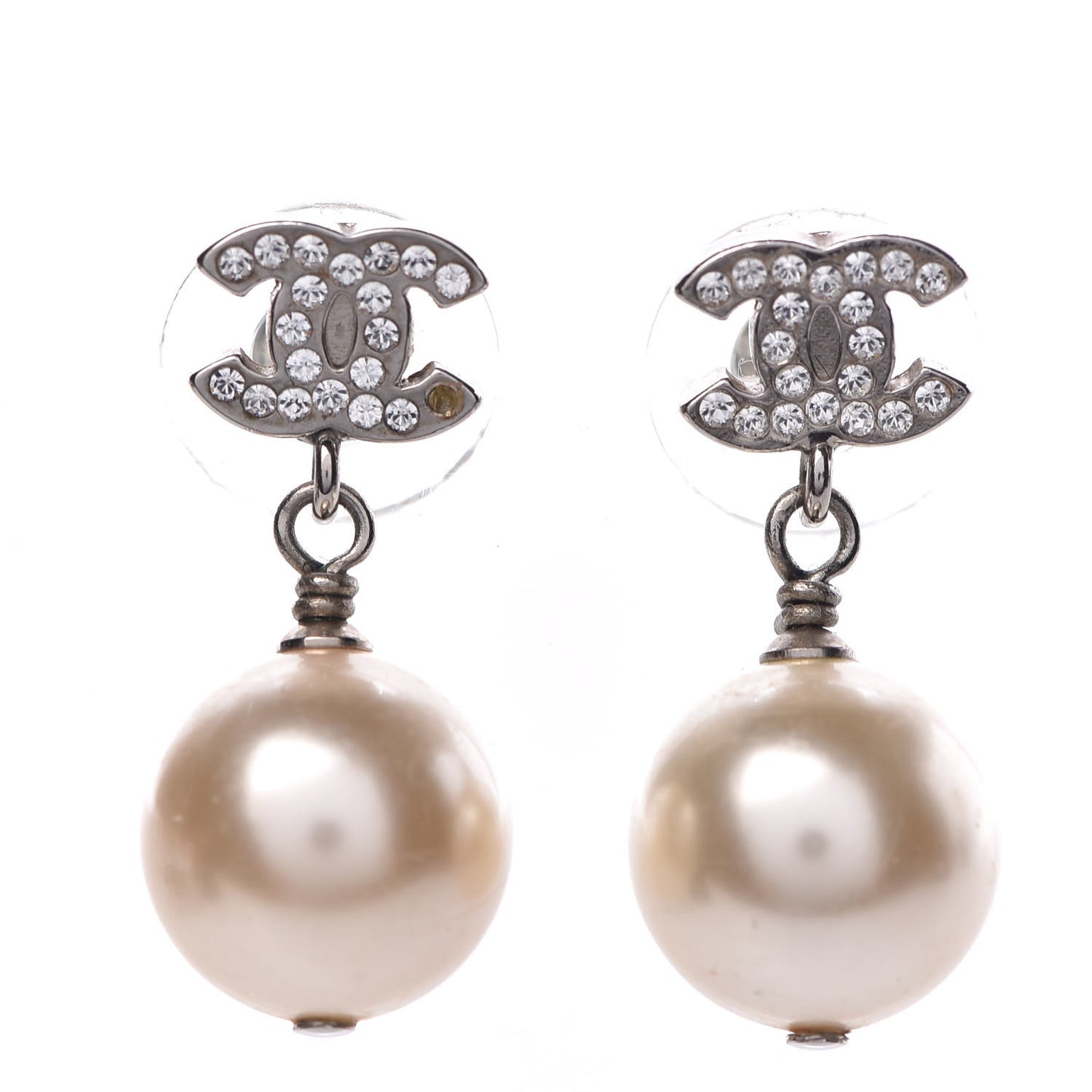 Crystal Pearl CC Drop Earrings Silver