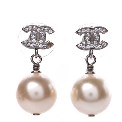 Chanel Crystal Pearl CC Drop Earrings Silver 1 of 5