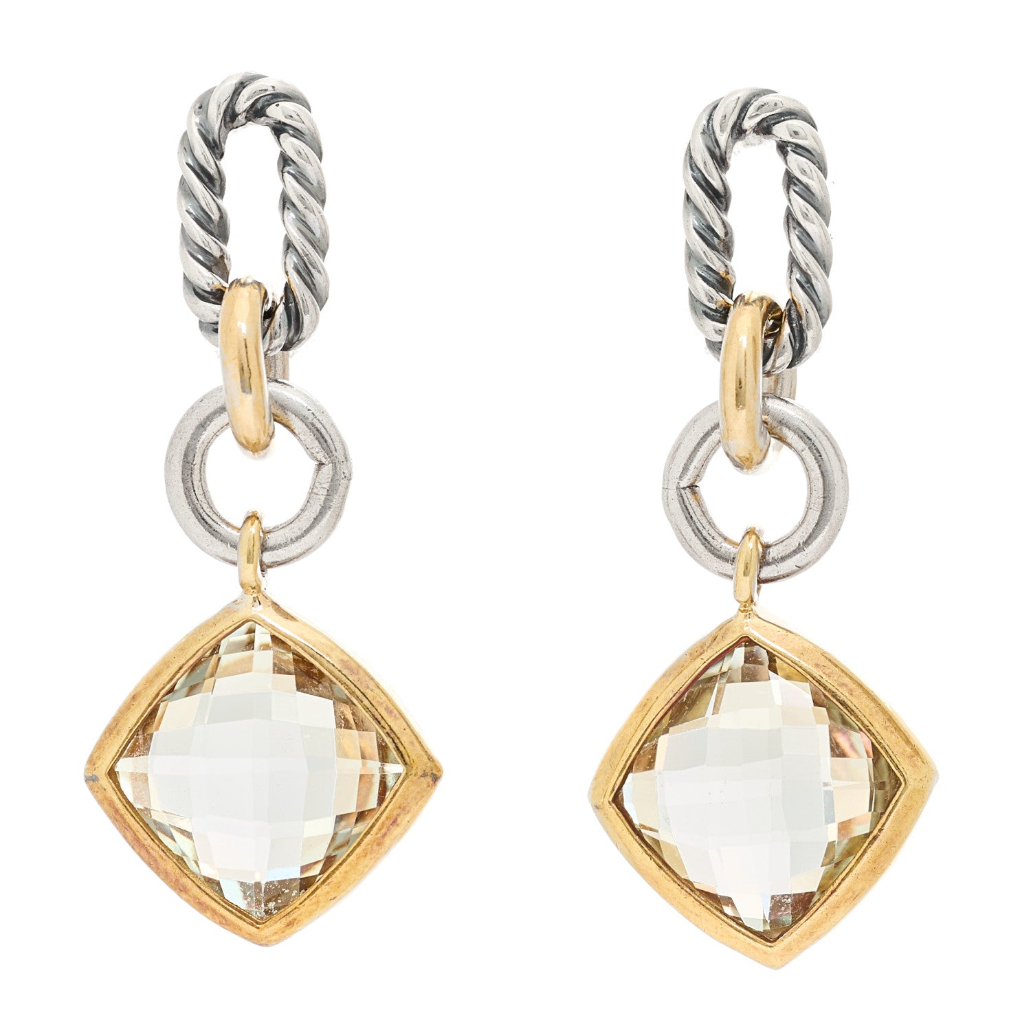 David Yurman Sterling Silver 18K Yellow Gold Prasiolite Drop Earrings 2 of 4