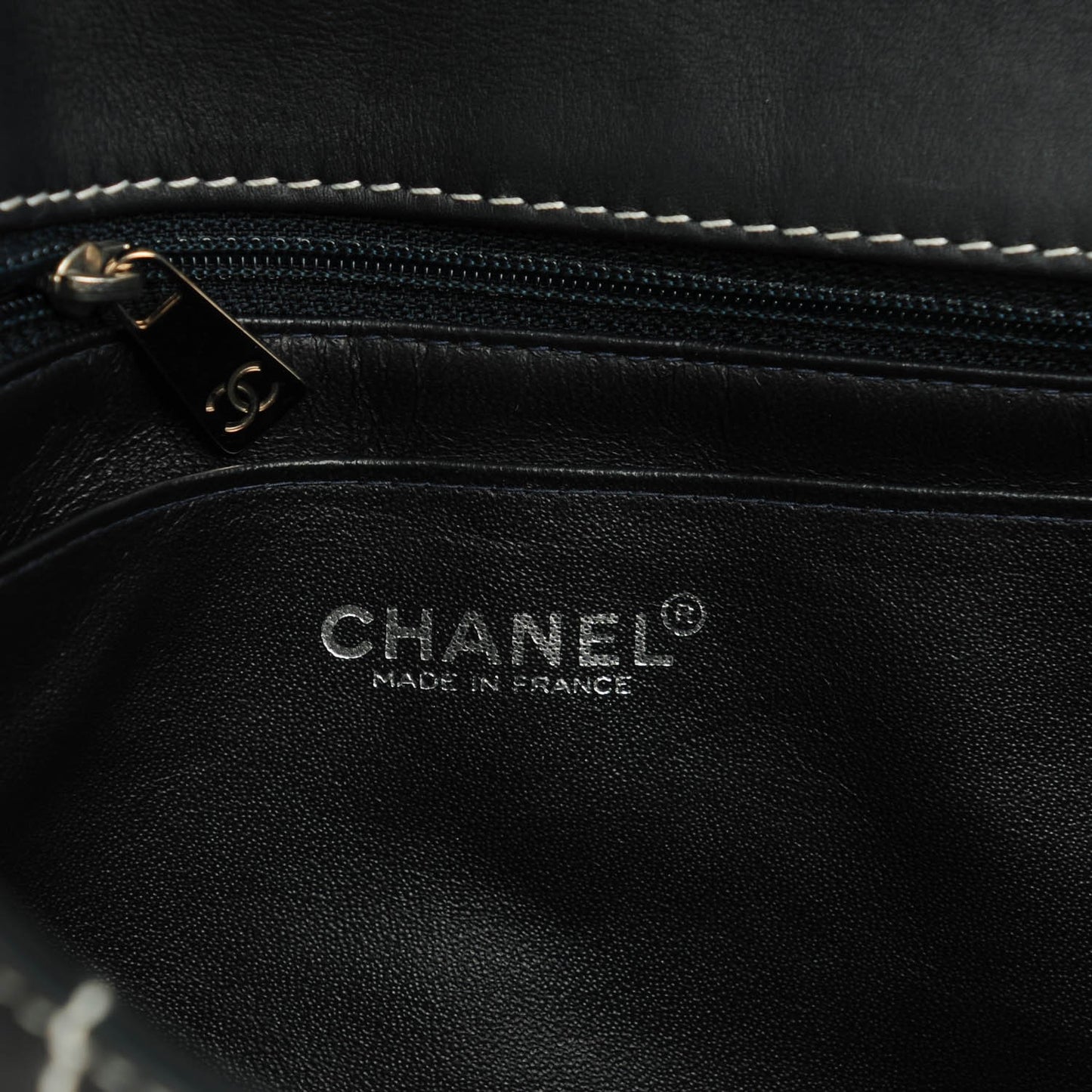Calfskin Contrast Stitched Medium Single Flap Navy Blue