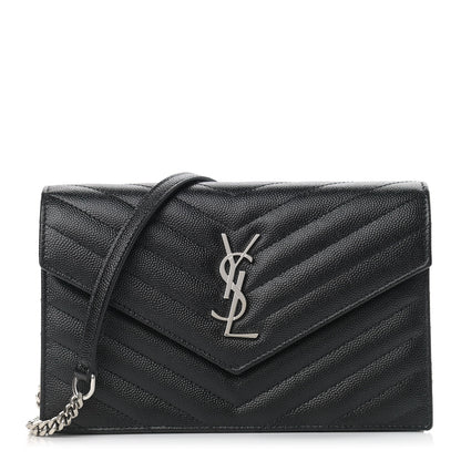 Saint Laurent Grain De Poudre Matelasse Chevron Monogram Envelope Chain Wallet Black 1 of 9