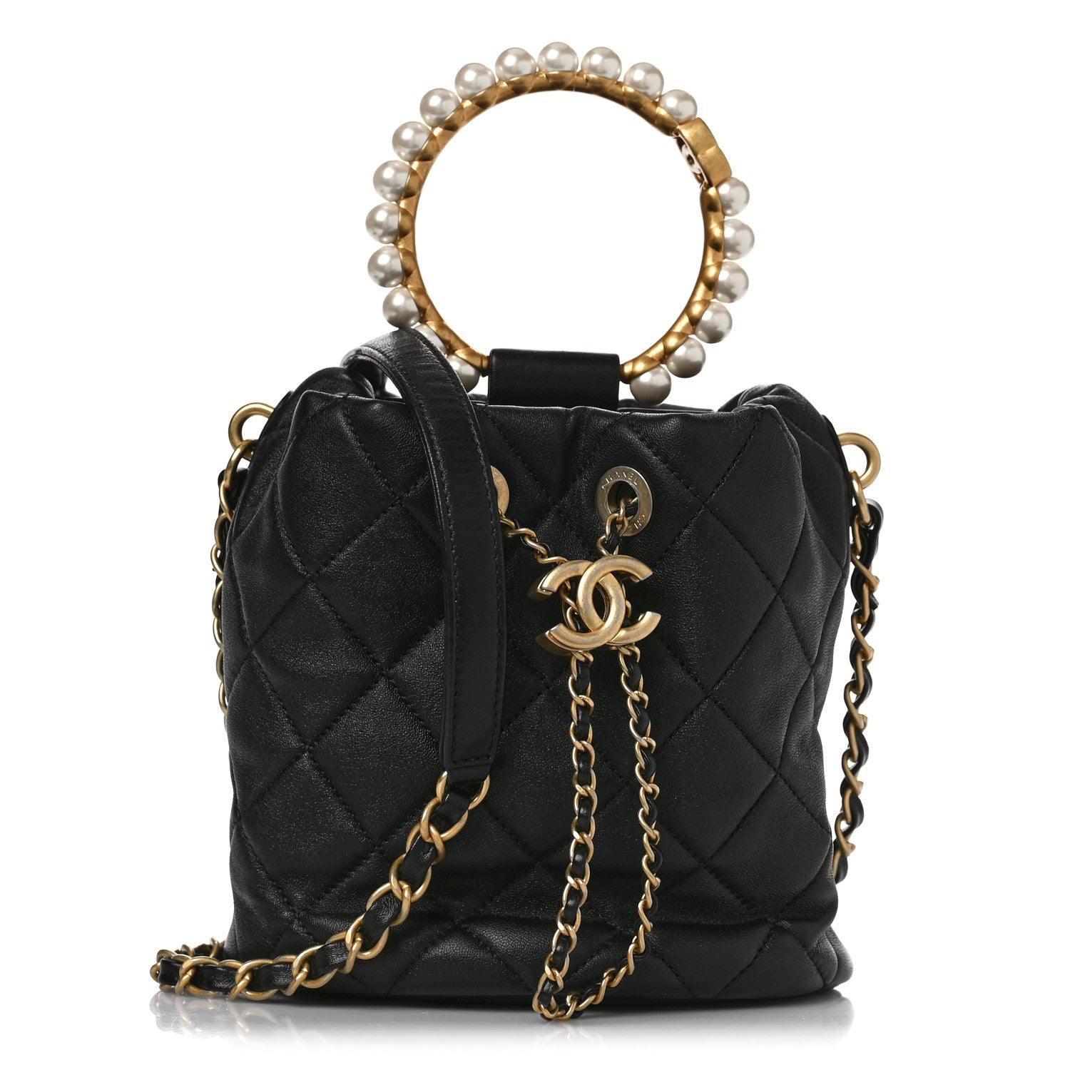 Chanel Lambskin Quilted Pearl Crown Drawstring Bag Black 1 of 8