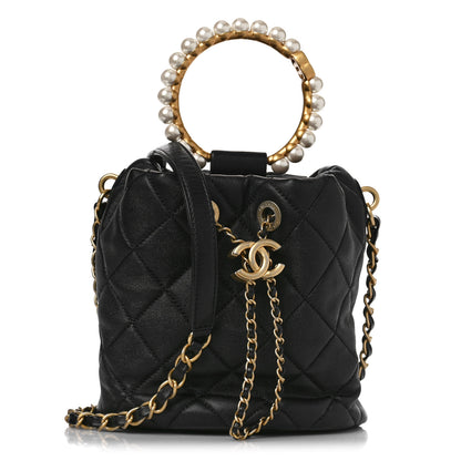 Chanel Lambskin Quilted Pearl Crown Drawstring Bag Black 1 of 8