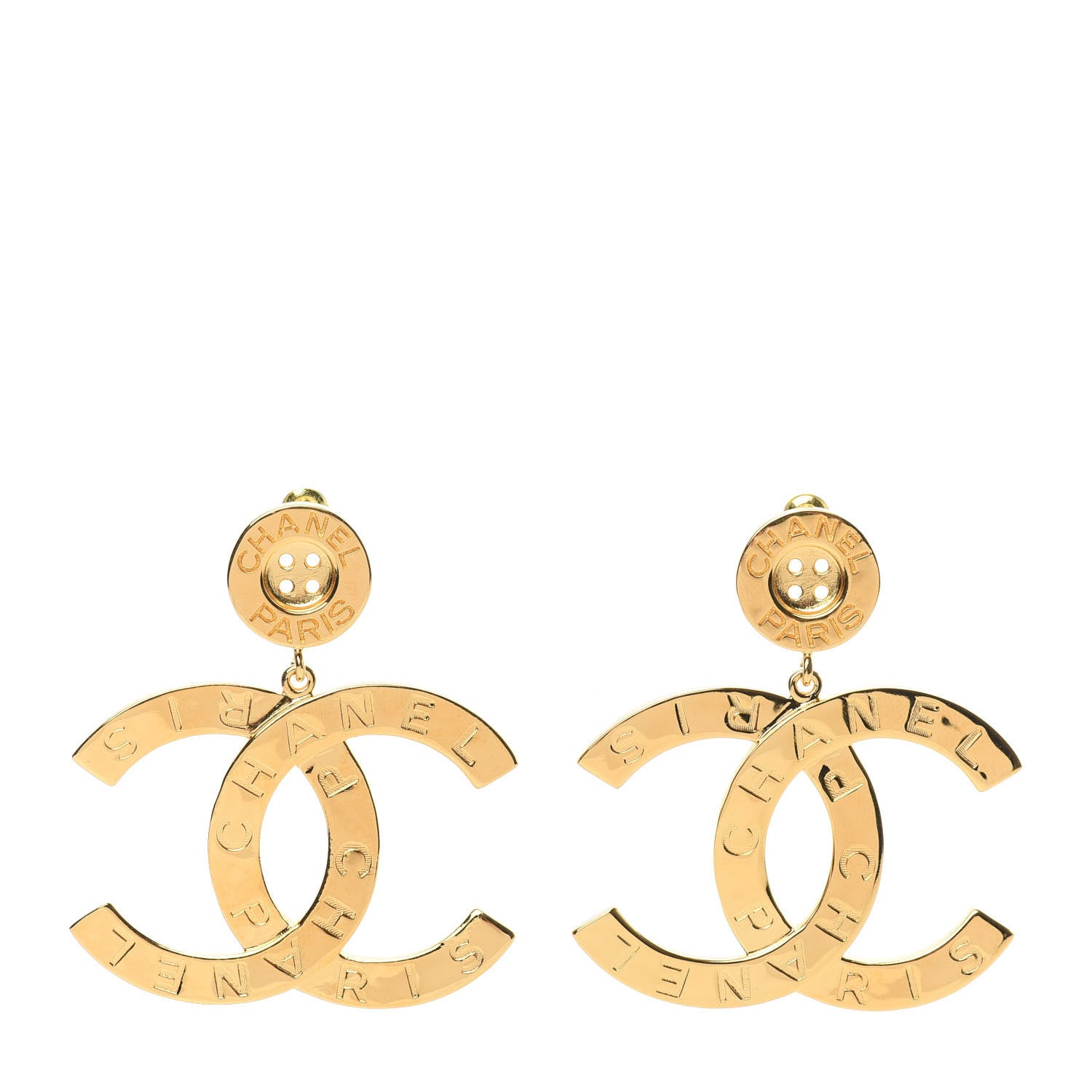 Chanel Metal Large Paris Button Earrings Gold 1 of 5