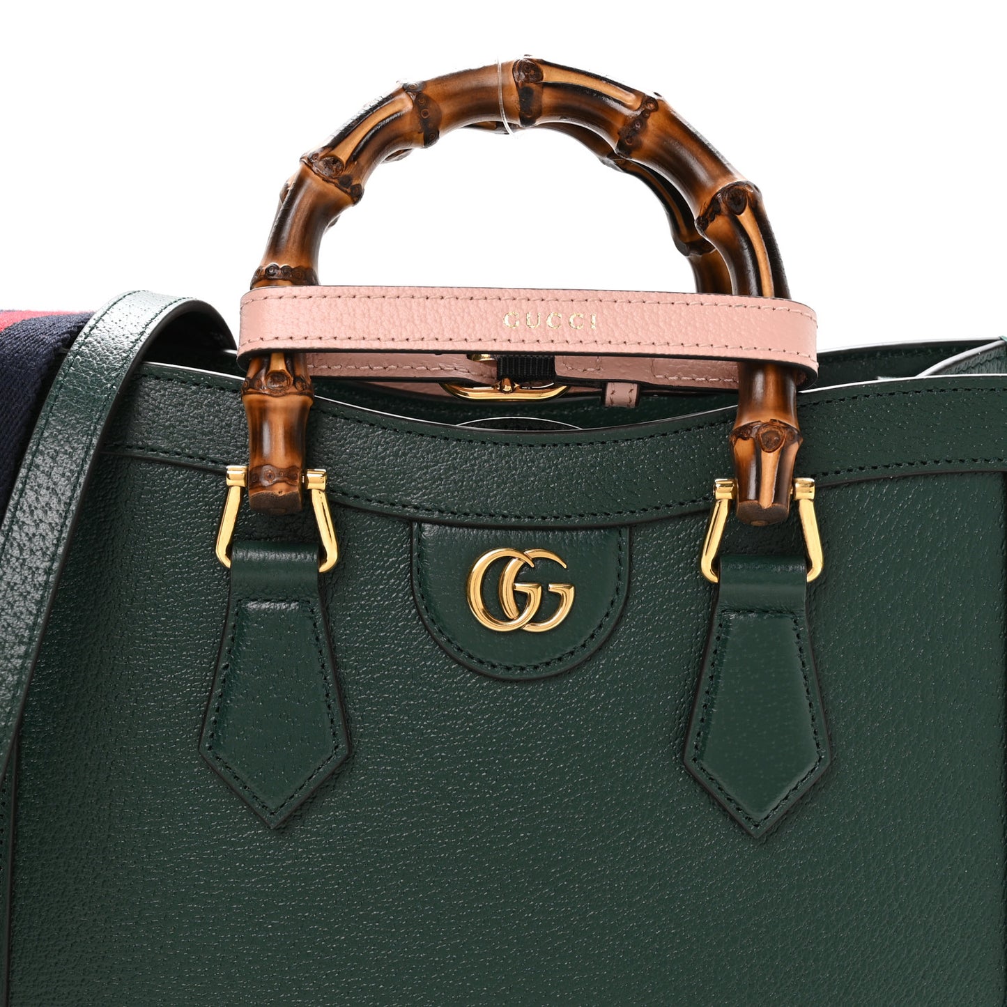 Textured Dollar Calfskin Web Diana Tote Bag Vintage Green Powder Pink