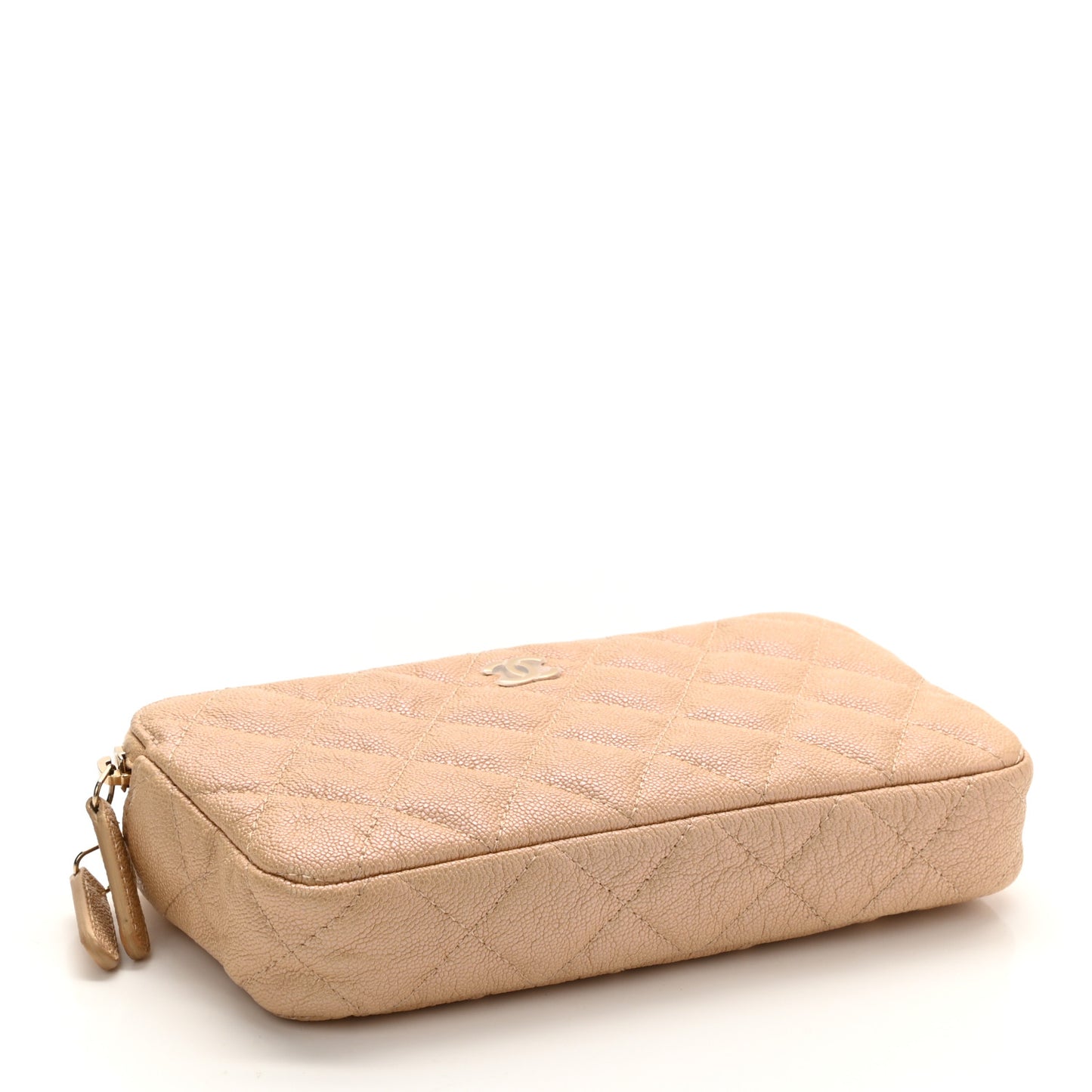 Iridescent Caviar Quilted Small Clutch With Chain Beige