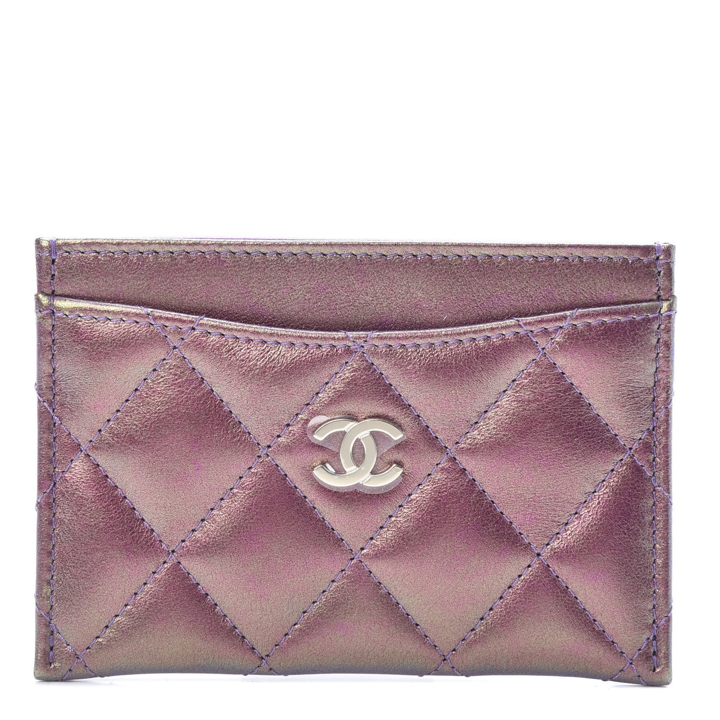 Iridescent Lambskin Quilted Card Holder Purple