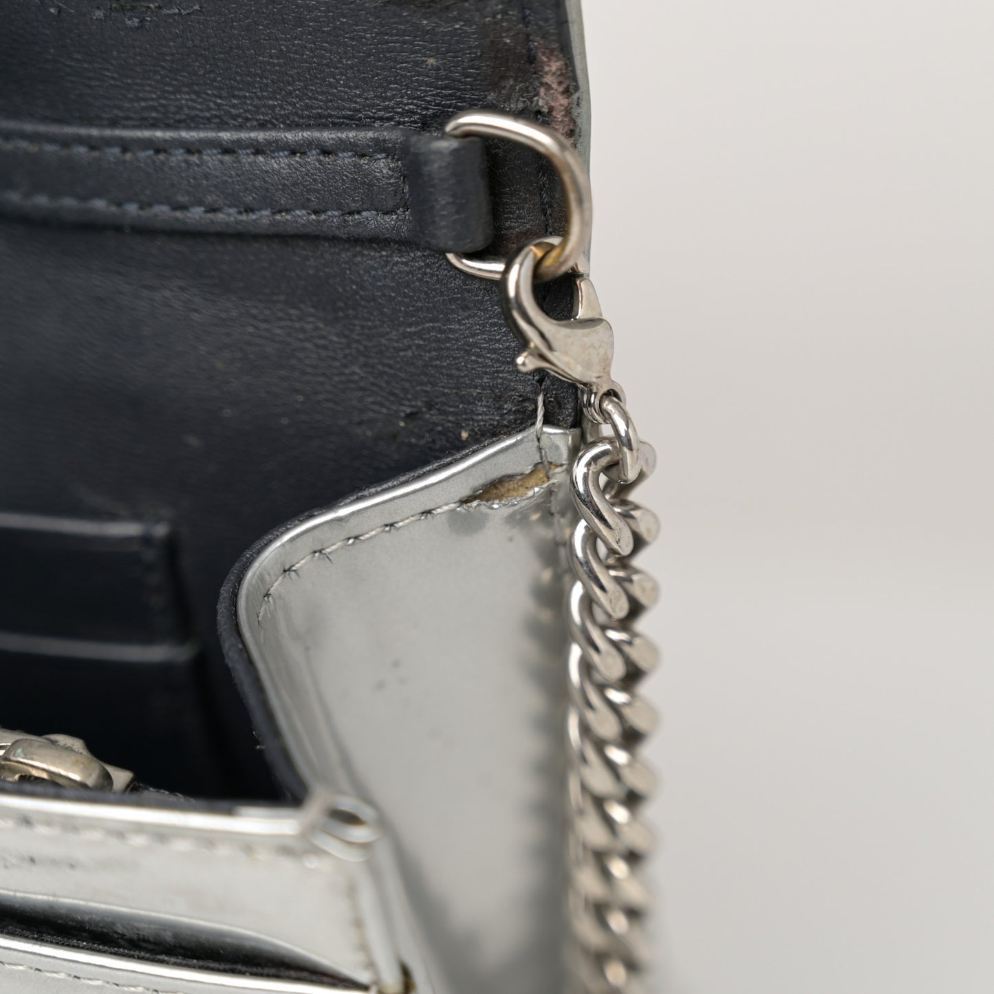 Metallic Patent Micro-Cannage Diorama Wallet on Chain Pouch Silver