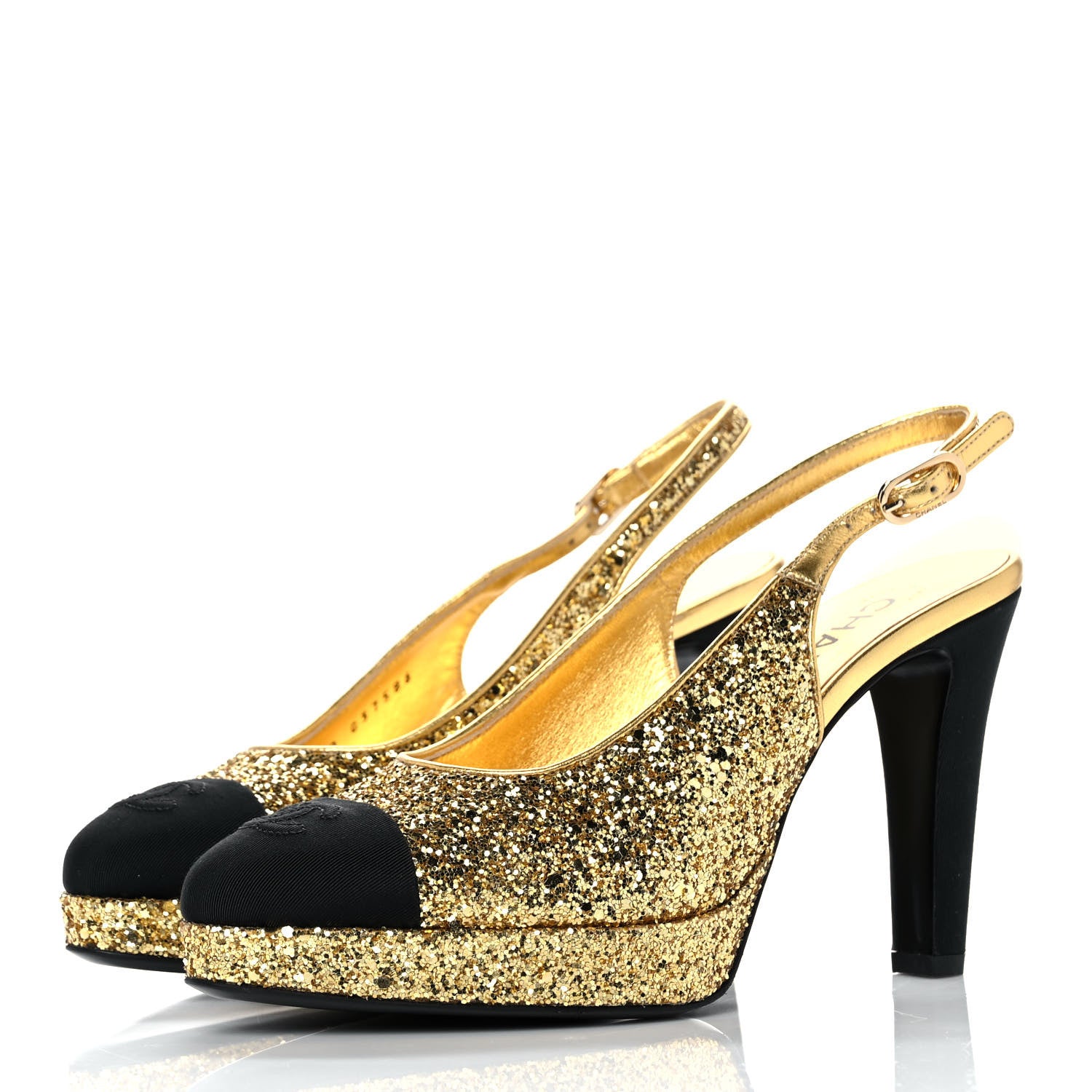 Chanel Glitter Grosgrain Cap Toe CC Slingback Pumps 38 Gold Black 3 of 9