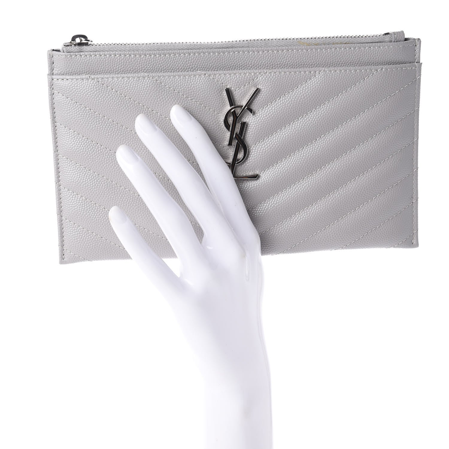 Saint Laurent Grain De Poudre Chevron Monogram Bill Pouch Granite 2 of 9