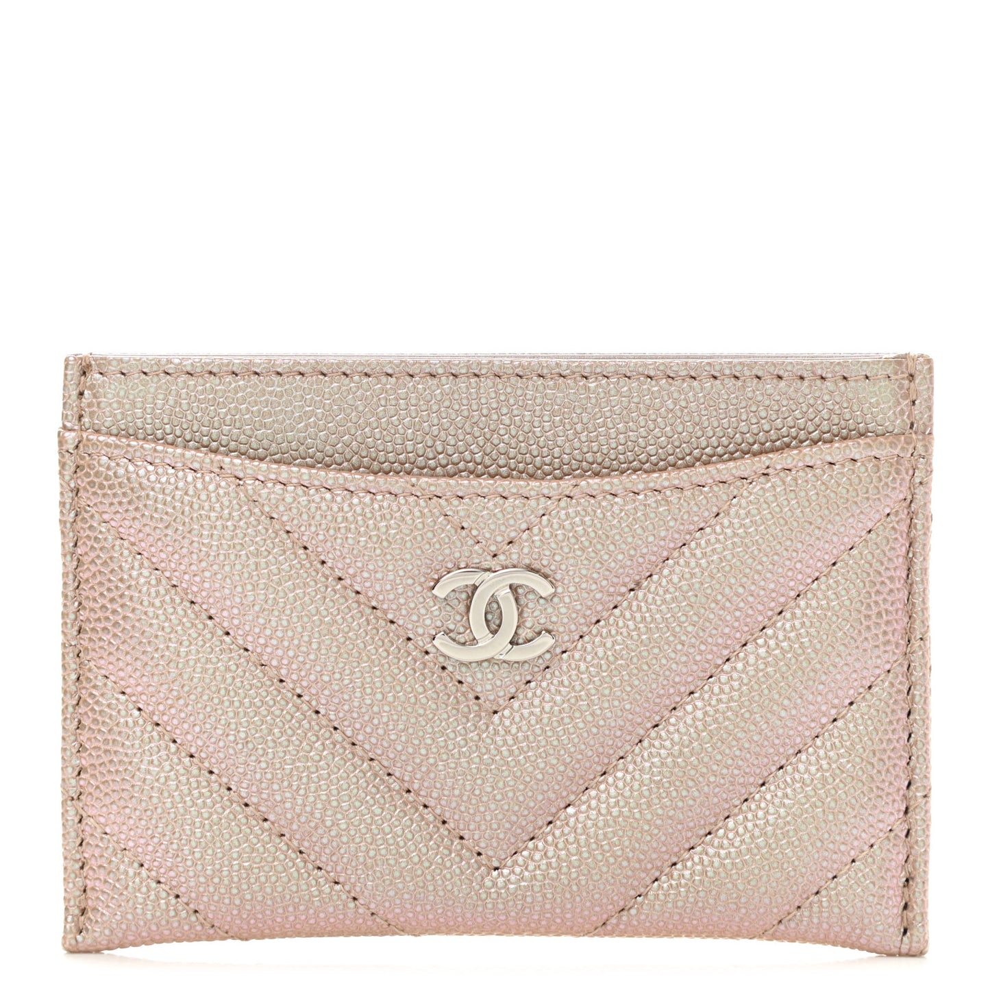 Iridescent Caviar Chevron Quilted Card Holder Beige