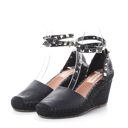 Valentino Garavani Grained Calfskin Rockstud Ankle Wrap Espadrille 15/85mm Wedges 35 Deep Denim 3 of 7