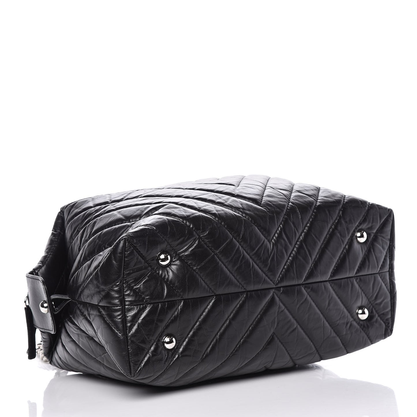 Aged Calfskin Chevron Quilted Bowling Bag Black