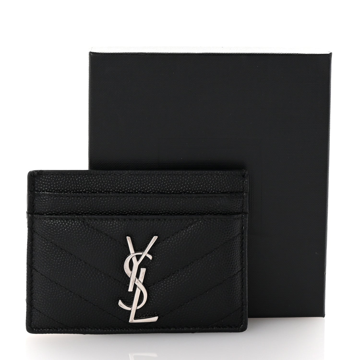 Saint Laurent Grain De Poudre Matelasse Chevron Monogram Credit Card Case Black 7 of 7