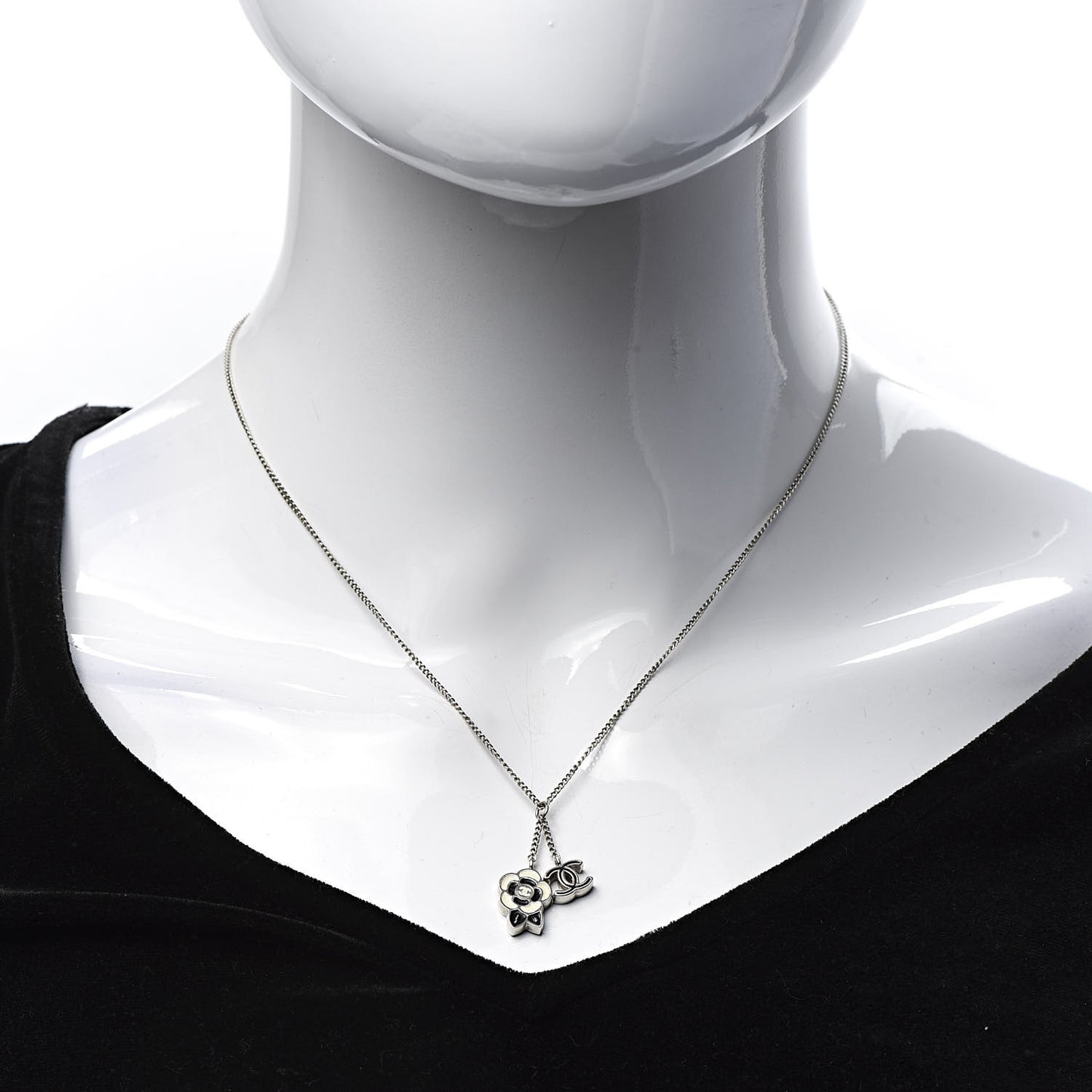 Enamel CC Camellia Necklace Silver Black