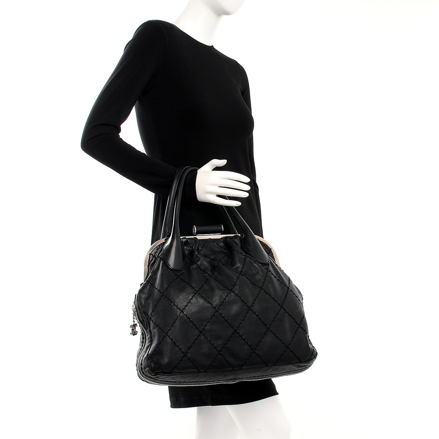 Calfskin Stitched Expandable Frame Bag Black