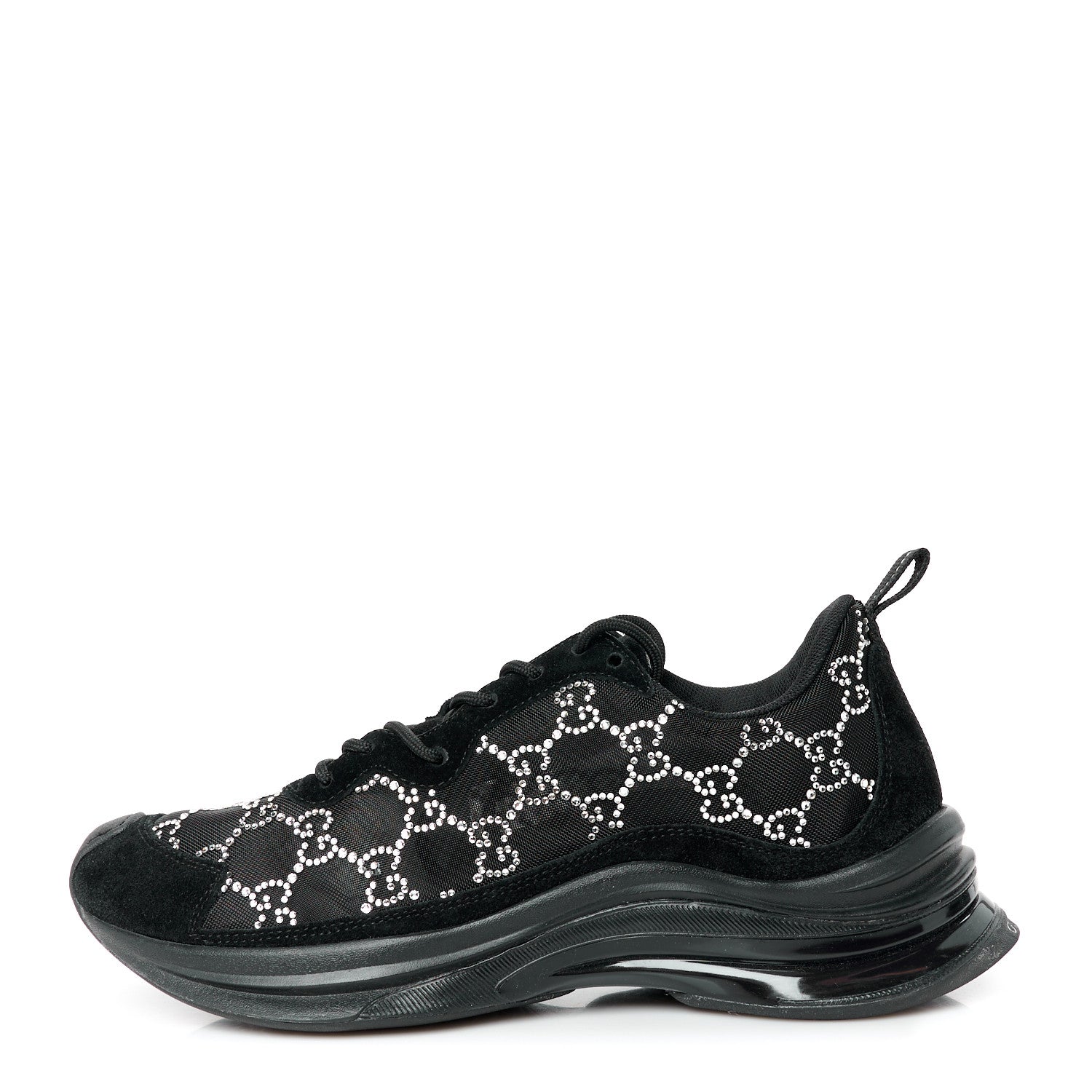 Gucci Tela Retino Mesh Crystal Suede GG Monogram Womens Gucci Run Sneakers 39 Black Silver 1 of 11