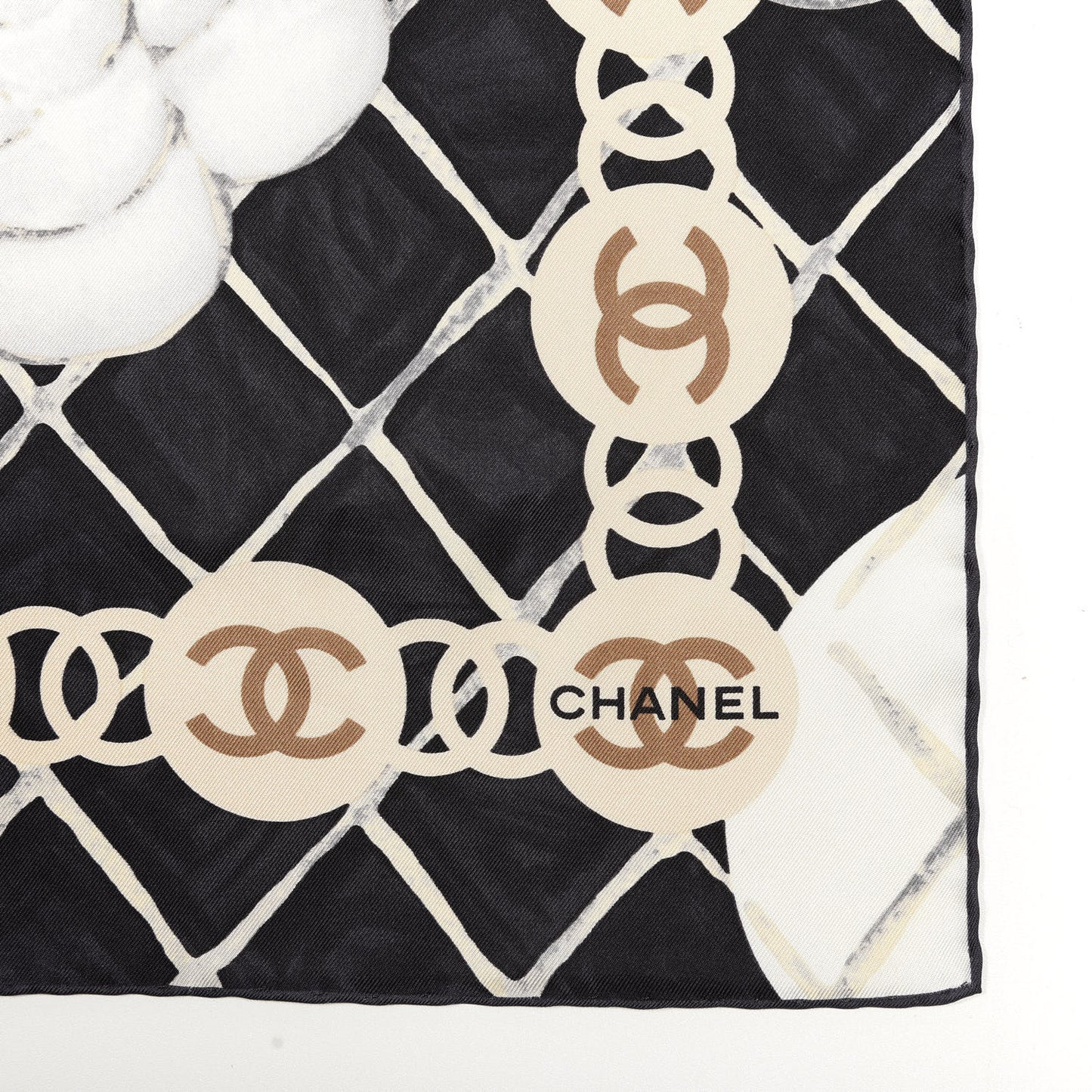 Silk CC Logo Camellia Scarf White Black