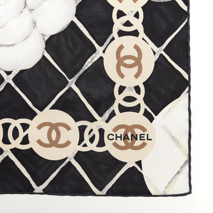 Chanel Silk CC Logo Camellia Scarf White Black 3 of 3