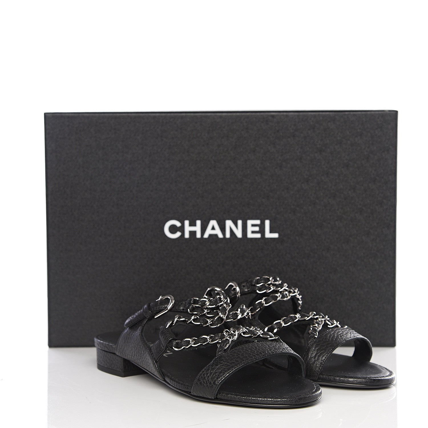 Chanel Grained Goatskin Chain Flat Sandals 35 Black 8 of 8