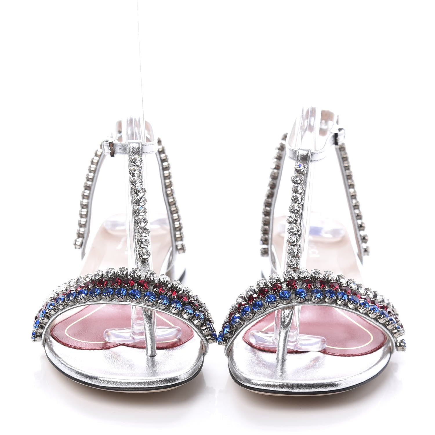 Gucci Nappa Silk Crystal Bertie T-Strap Low Heel Sandals 35.5 Argento 2 of 8