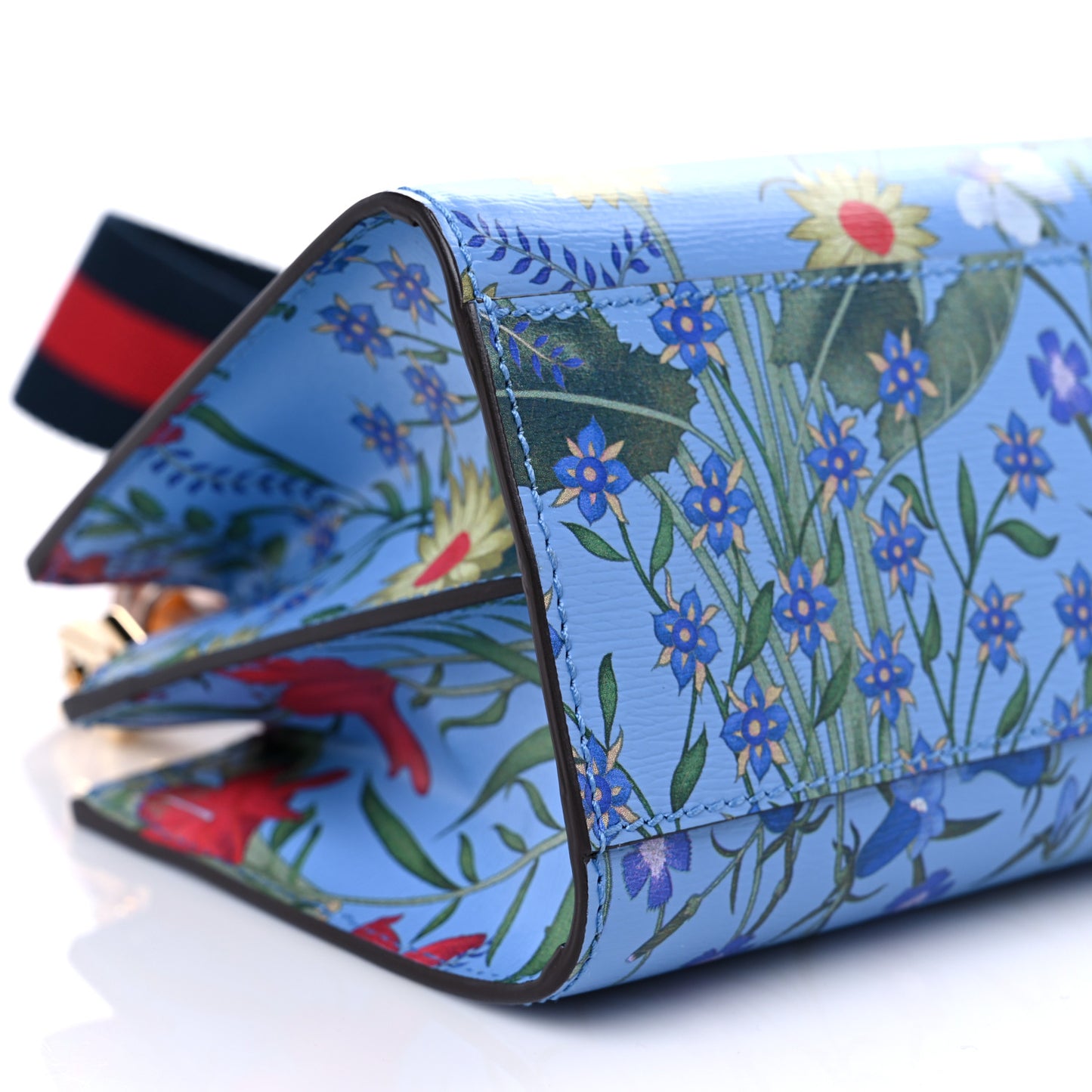 Calfskin Bamboo Web New Flora Mini Nymphaea Top Handle Bag Azure