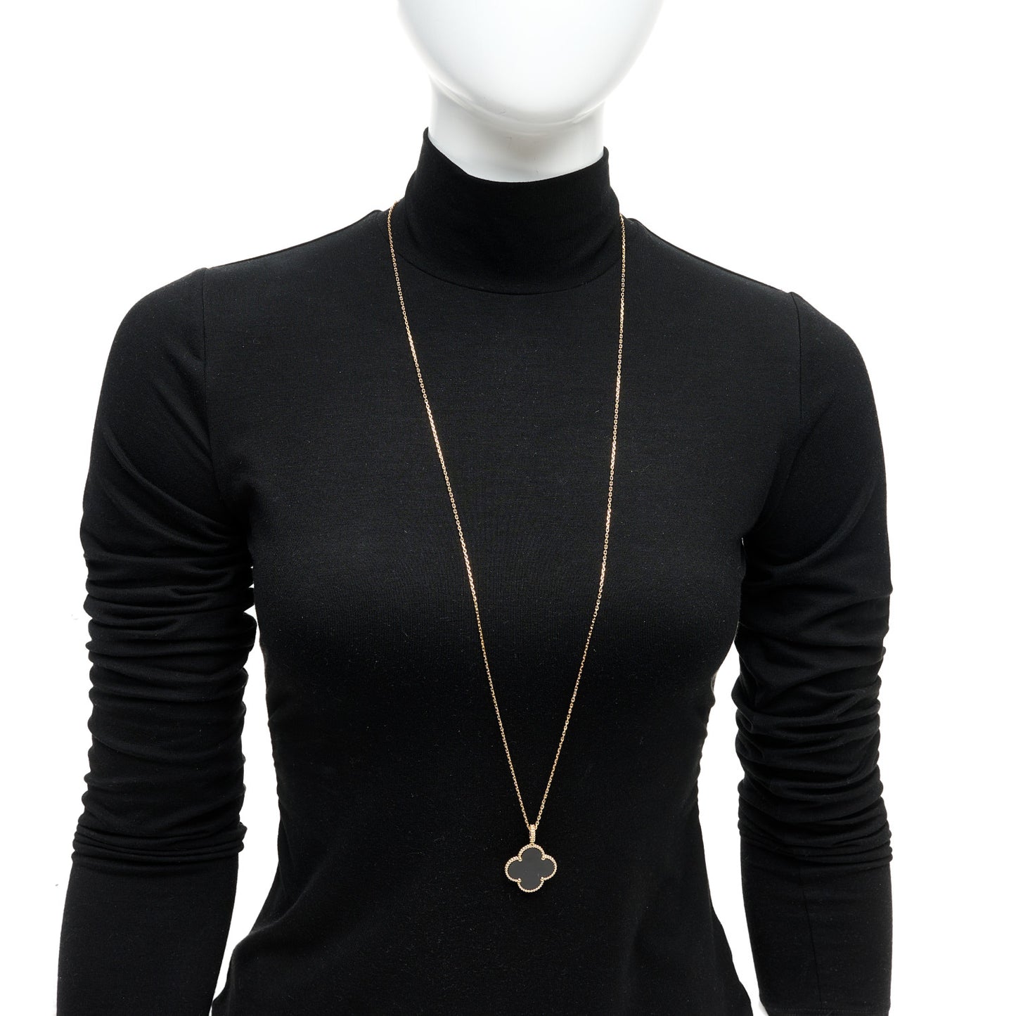 18K Yellow Gold Black Onyx Vintage Alhambra Pendant Necklace