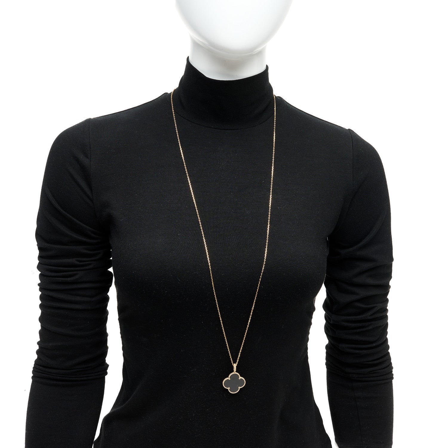 Van Cleef & Arpels 18K Yellow Gold Black Onyx Vintage Alhambra Pendant Necklace 2 of 5