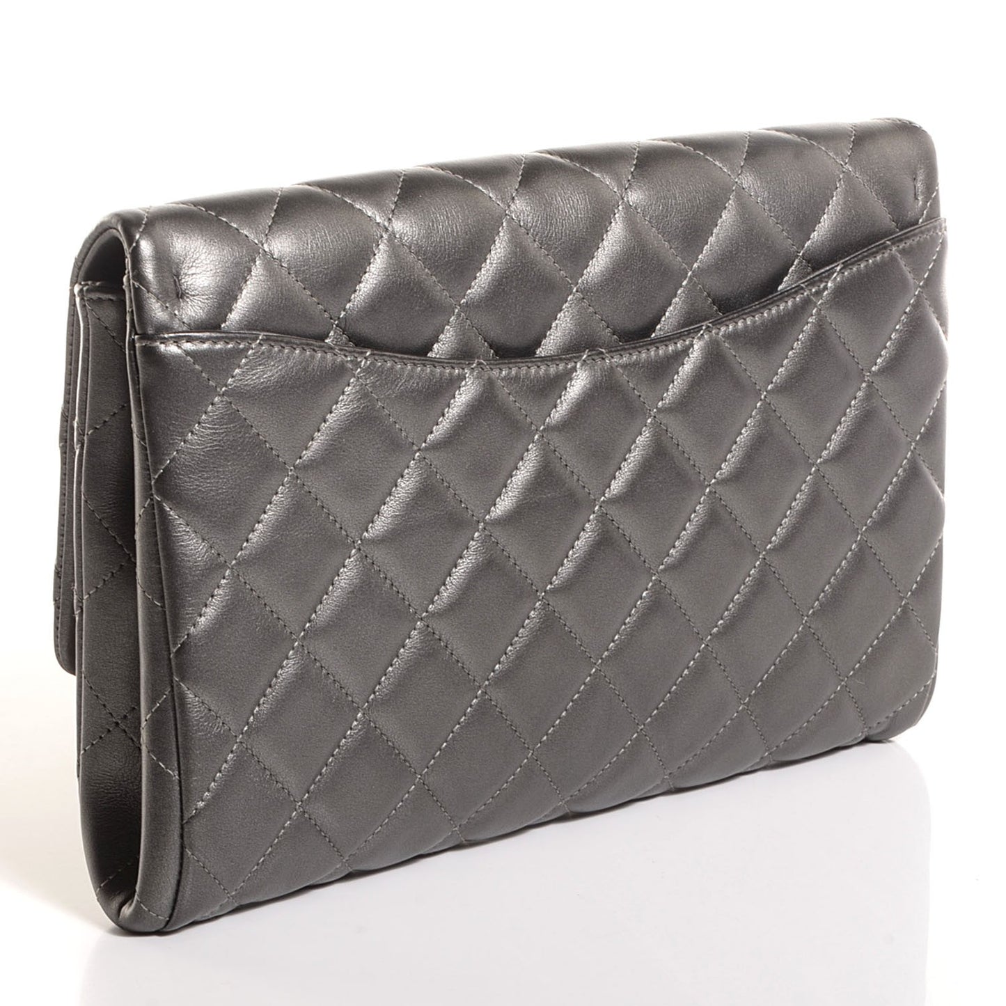 Metallic Lambskin Quilted Clutch With Chain Flap Dark Grey