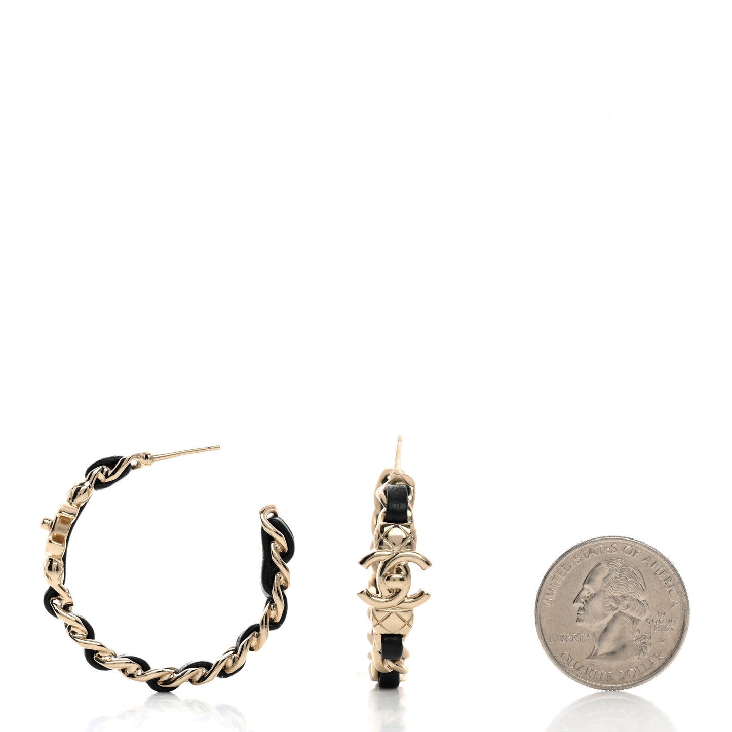 Metal Lambskin Quilted CC Turnlock Chain Hoop Earrings Gold Black