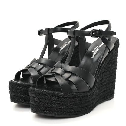 Saint Laurent Calfskin Tribute 95 Platform Espadrille Wedge Sandals 38.5 Black 4 of 9