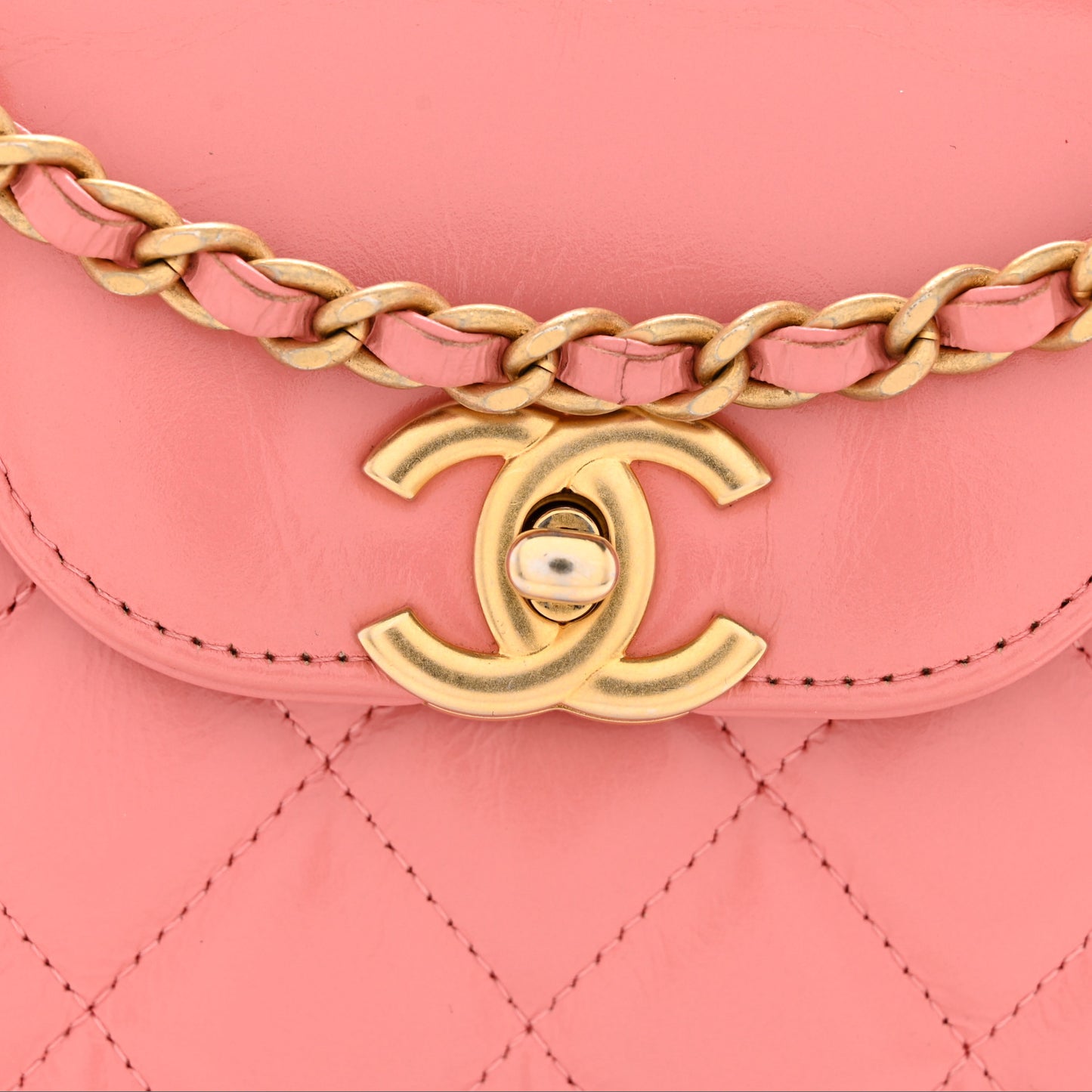 Shiny Aged Calfskin Quilted Nano Kelly Shopper Coral Pink