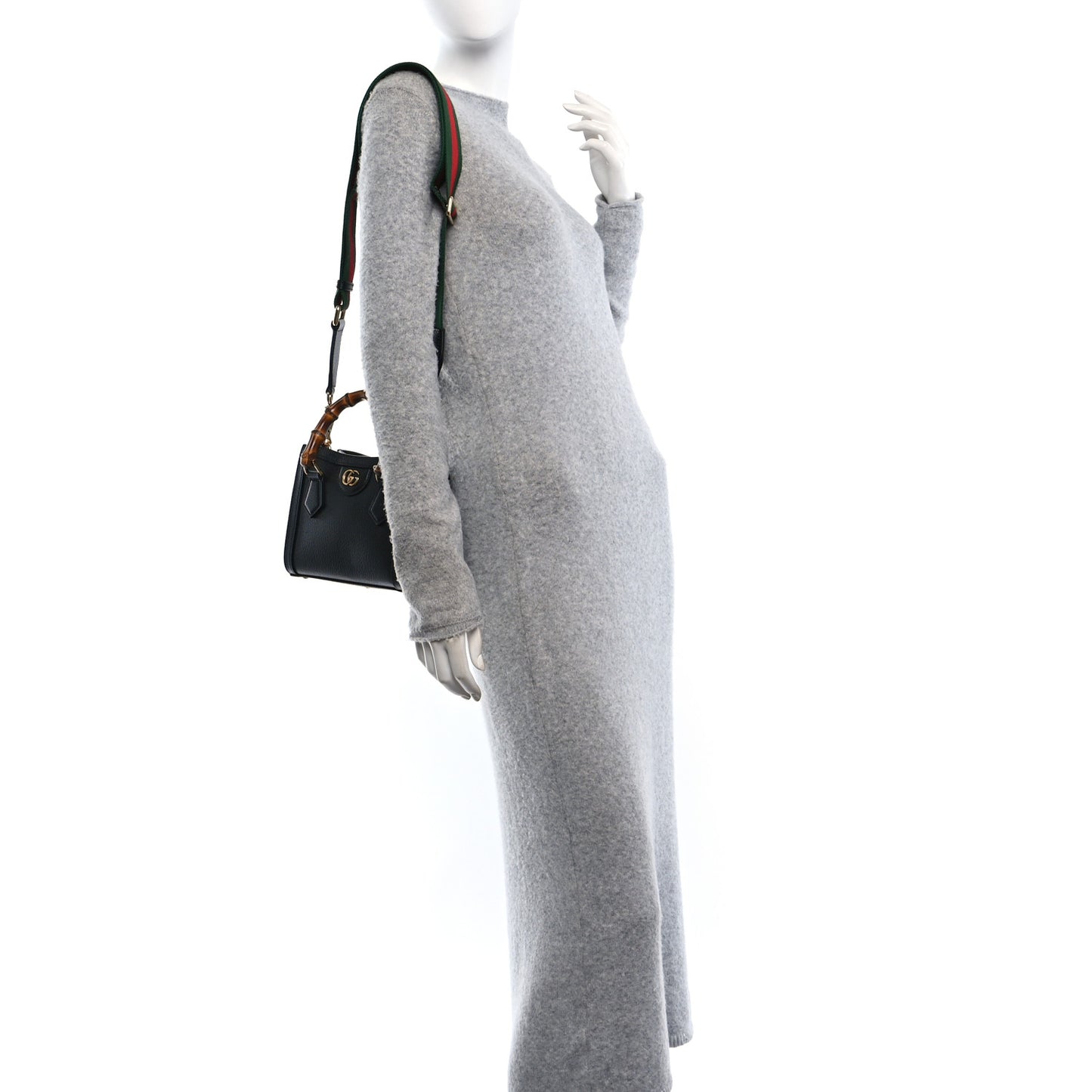 Textured Dollar Calfskin Web Mini Diana Tote Bag Black Dusty Grey