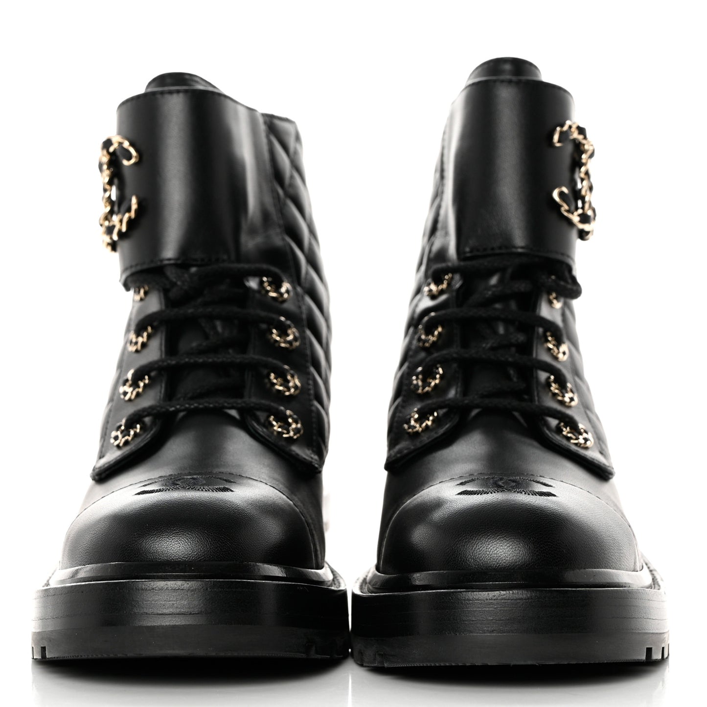 Shiny Lambskin Quilted Lace Up Combat Boots 39 Black
