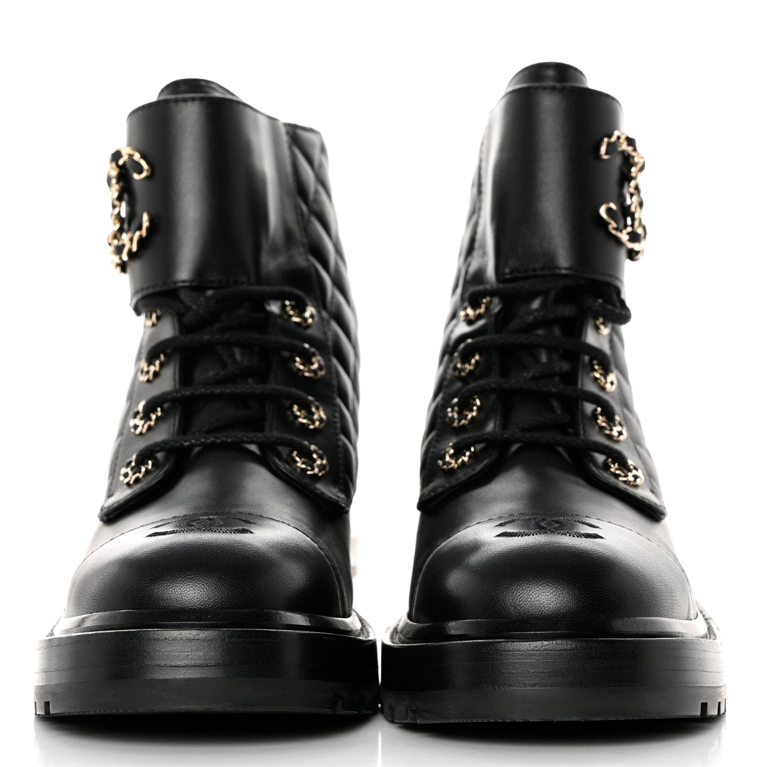 Chanel Shiny Lambskin Quilted Lace Up Combat Boots 39 Black 2 of 10
