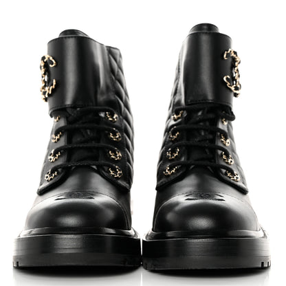 Chanel Shiny Lambskin Quilted Lace Up Combat Boots 39 Black 2 of 10