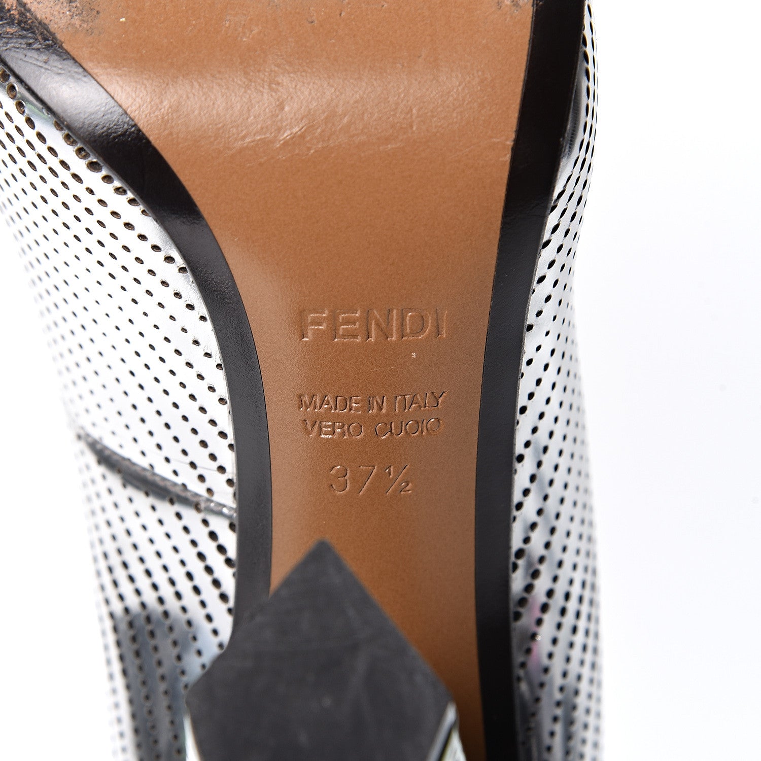 Fendi Metallic Calfskin Perforated T-Bar Pumps 37.5 Silver Multicolor 10 of 10
