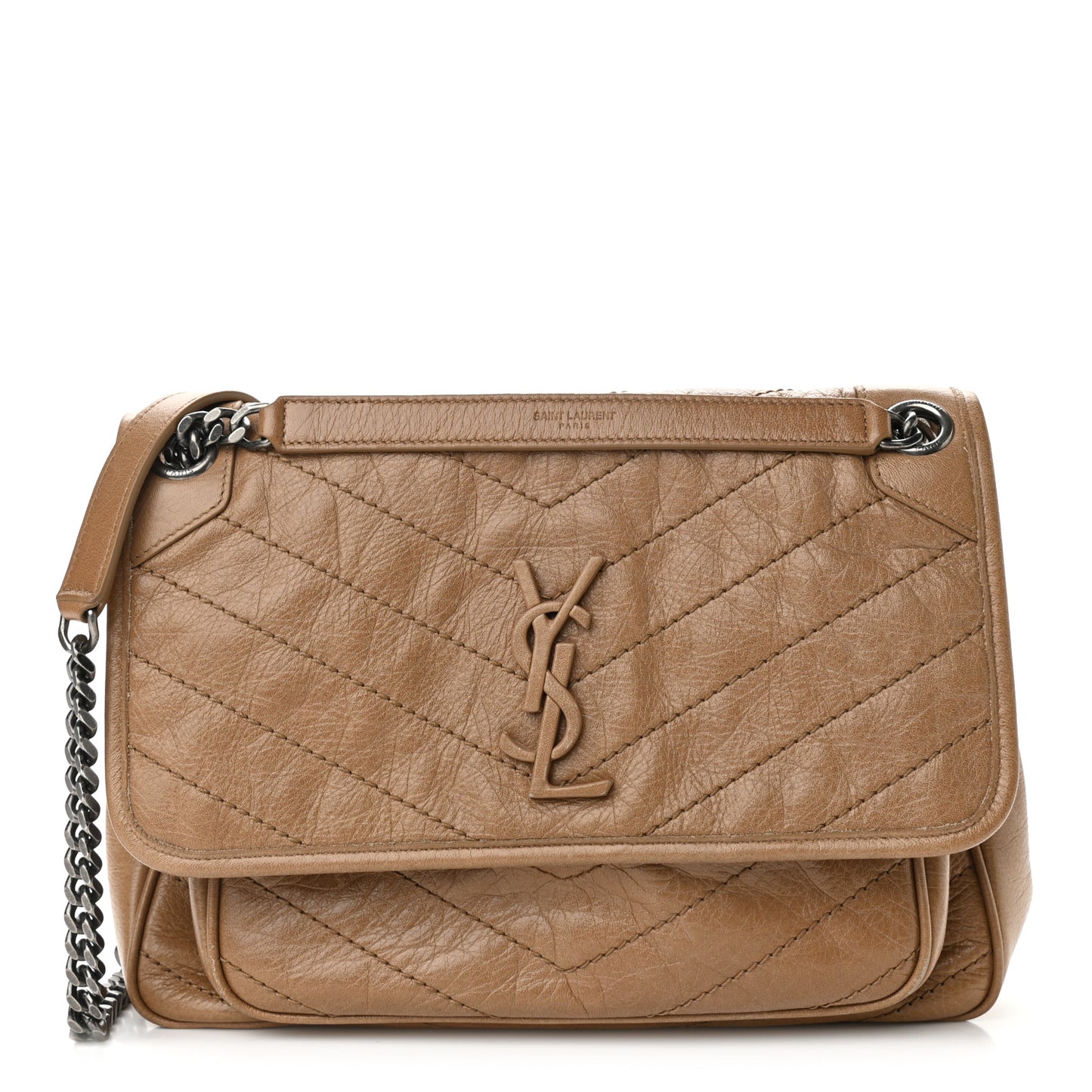Crinkled Calfskin Matelasse Monogram Medium Niki Chain Satchel Natural Tan