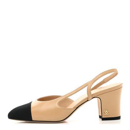 Chanel Goatskin Grosgrain Cap Toe CC Slingback Pumps 35 Beige Black 1 of 9
