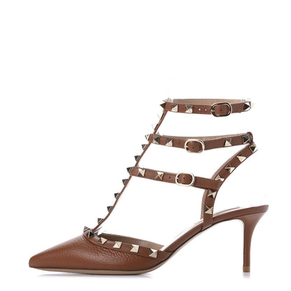 Valentino Garavani Pebbled Calfskin Rockstud Ankle Strap 65mm Pumps 38.5 Cuoio 1 of 9