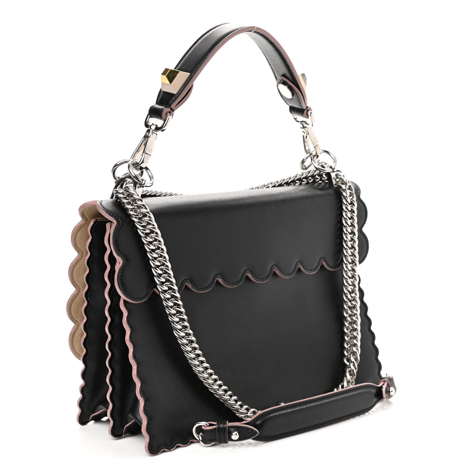 Fendi Vitello Liberty Pearl Bi-Color Flowers and Bow Scalloped Studded Kan I Shoulder Bag Black Soap 2 of 11