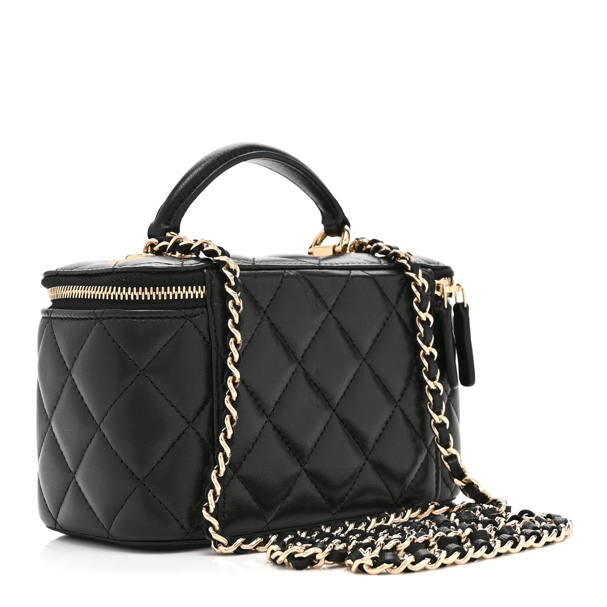 Lambskin Quilted Trendy Small Top Handle Vanity Case With Chain Black