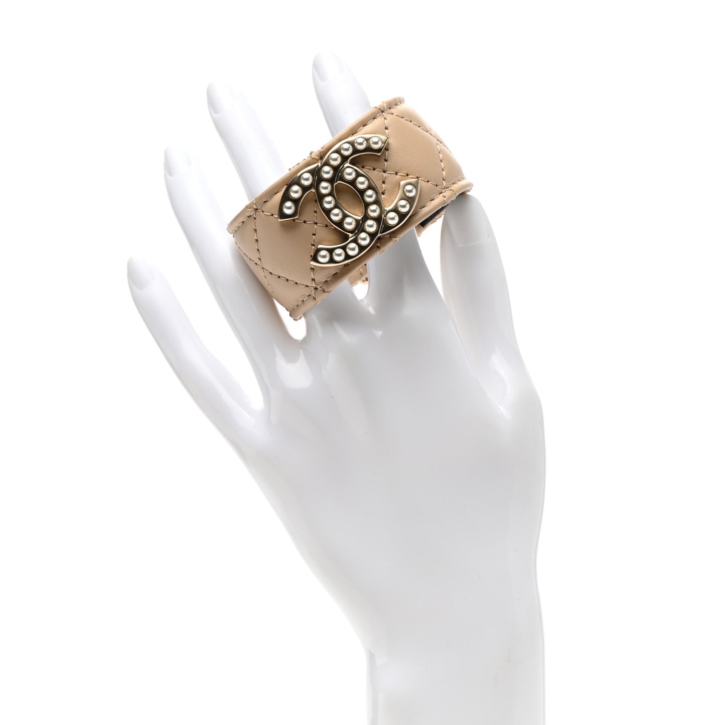 Lambskin Quilted Pearl CC Cuff Bracelet Beige