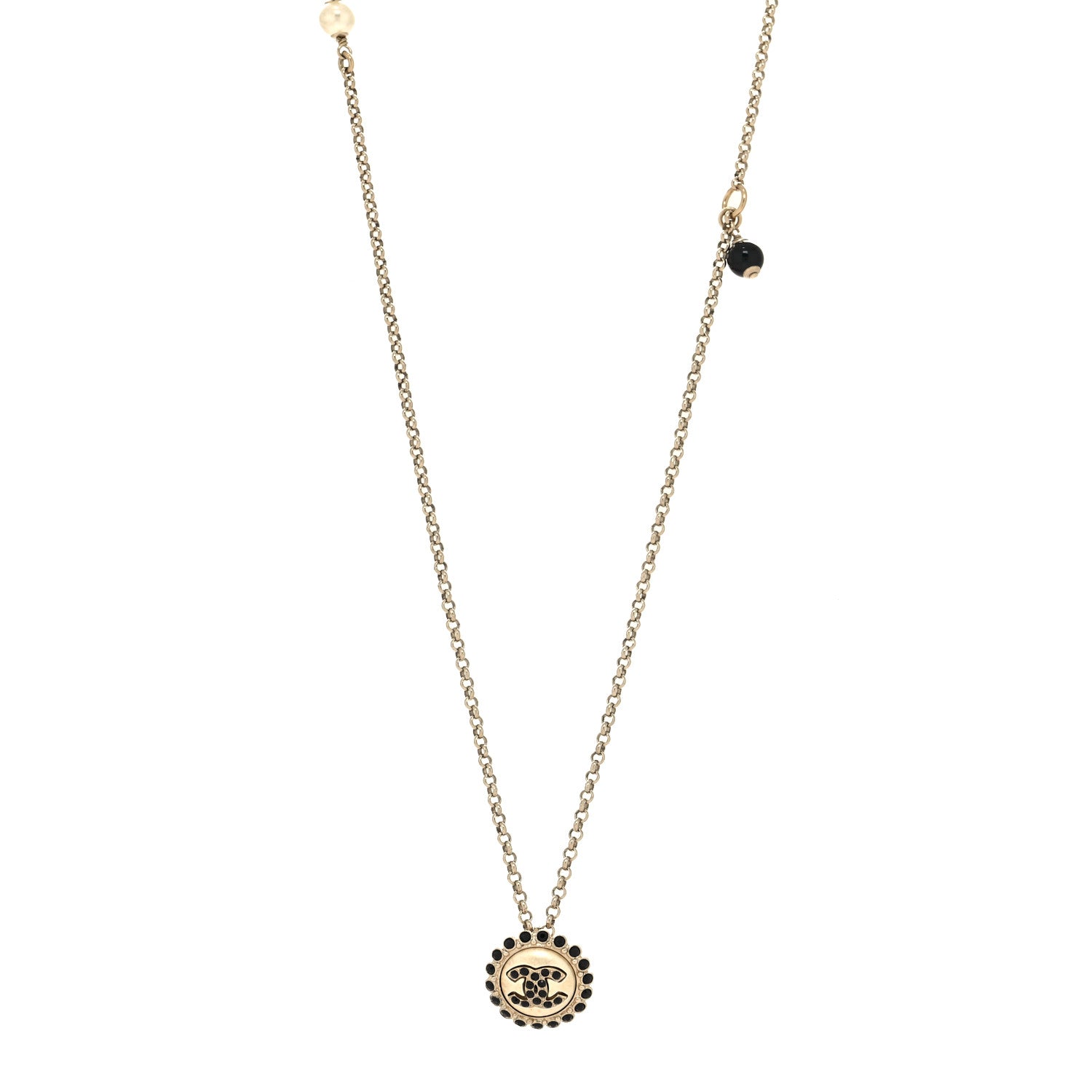Chanel Pearl Crystal CC Round Pendant Long Necklace Gold Pearly White Black 1 of 5