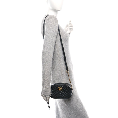 Gucci Calfskin Matelasse Mini GG Marmont Chain Shoulder Bag Black 2 of 11