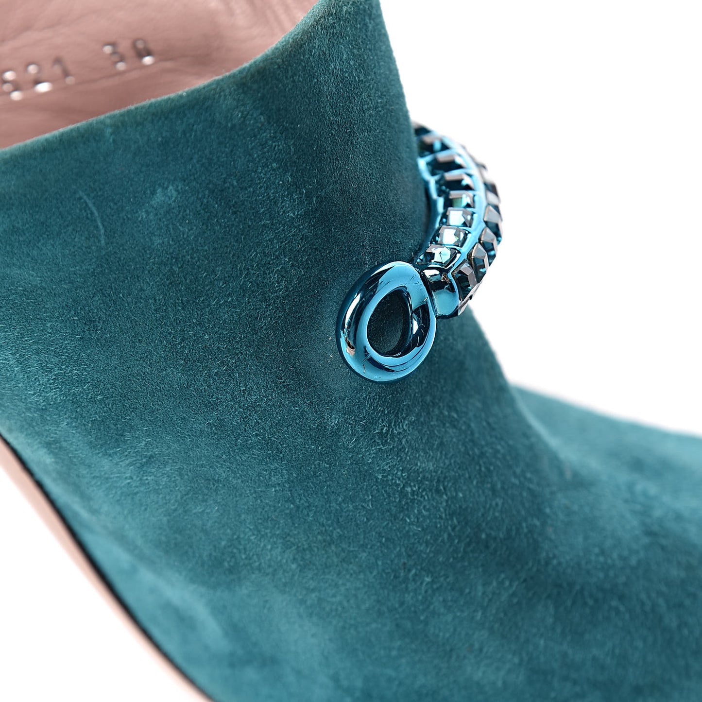 Suede Crystal Maxine Horsebit High Heel Slides 38 Dusty Turquoise