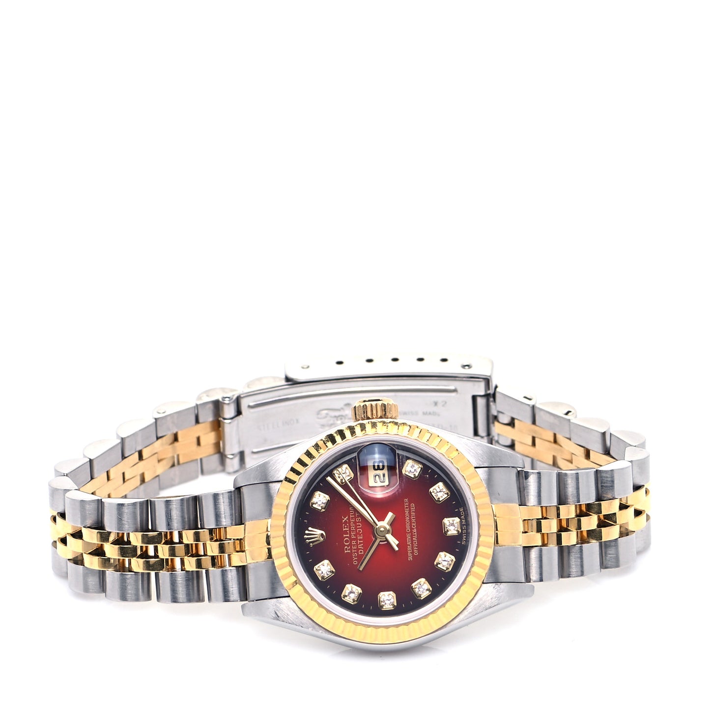 Stainless Steel 18K Yellow Gold Diamond 26mm Oyster Perpetual Datejust Watch Red Gradient 79173
