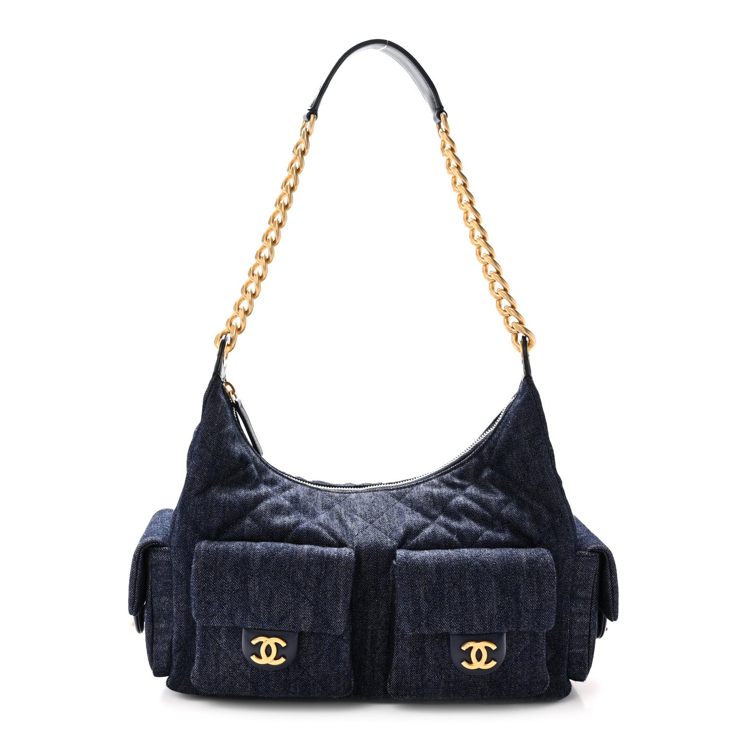 Washed Denim Quilted Large Trendy Pockets Hobo Dark Blue