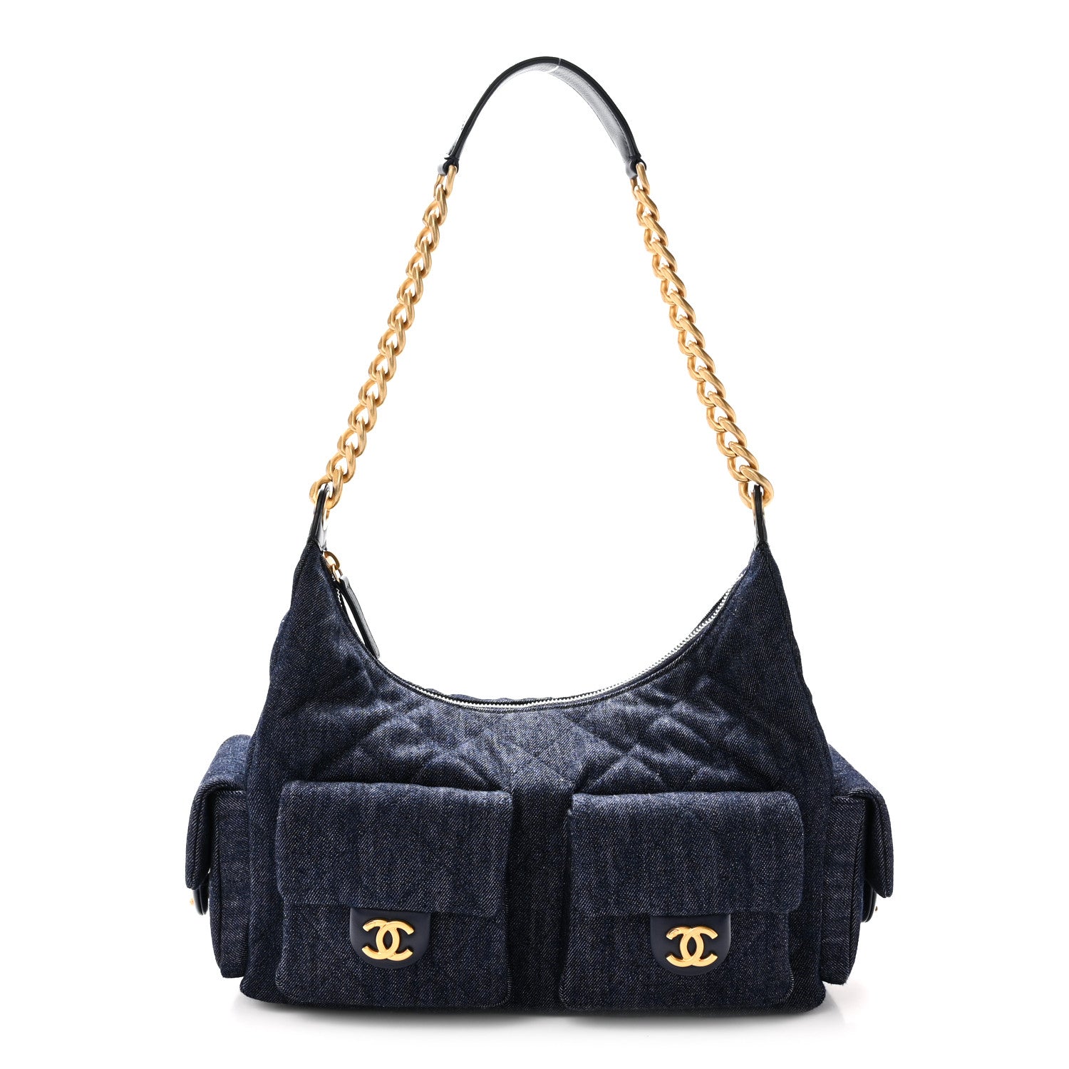 Chanel Washed Denim Quilted Large Trendy Pockets Hobo Dark Blue 1 of 10