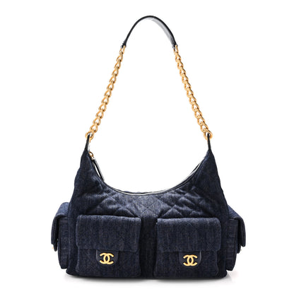 Chanel Washed Denim Quilted Large Trendy Pockets Hobo Dark Blue 1 of 10